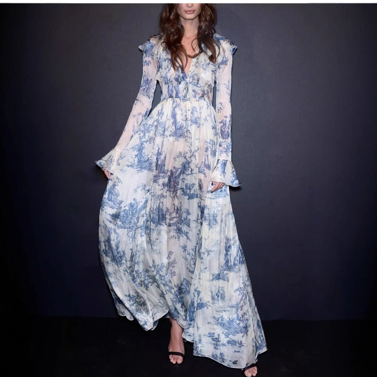 Robe Maxi à Volants Imprimé Toile de Jouy (MS422)