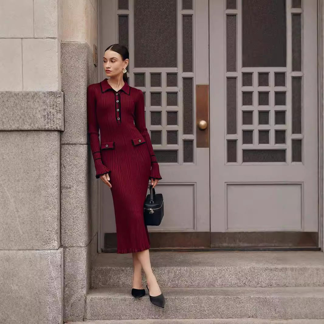 Robe Pull Midi en Maille avec Finitions Volantées de Luxe Française | Robe Pull Midi à Col (MS199)