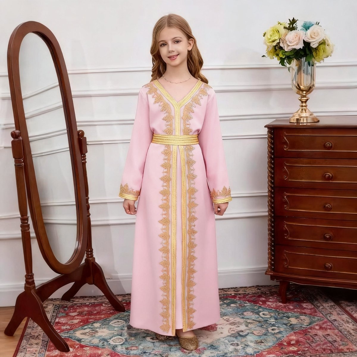 Abaya fille col en V avec dentelle patchwork(MKG010)