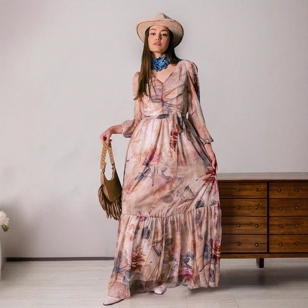 Robe Longue Col en V Motif Floral Aquarelle (MS372)