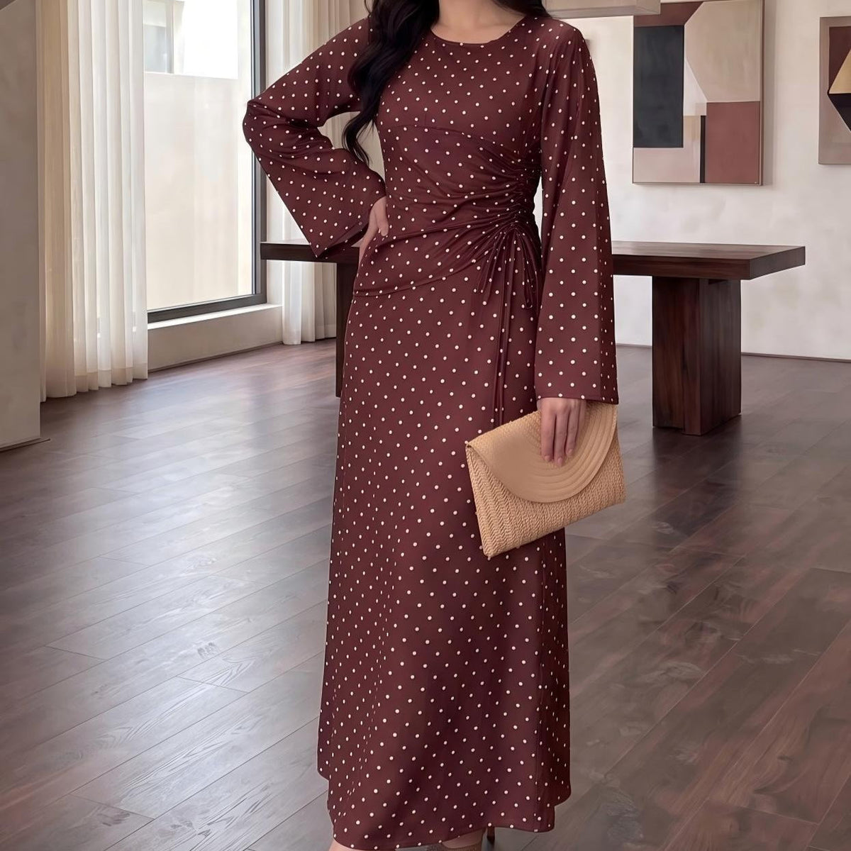 Robe Maxi à Manches Évasées Pois (MS503)