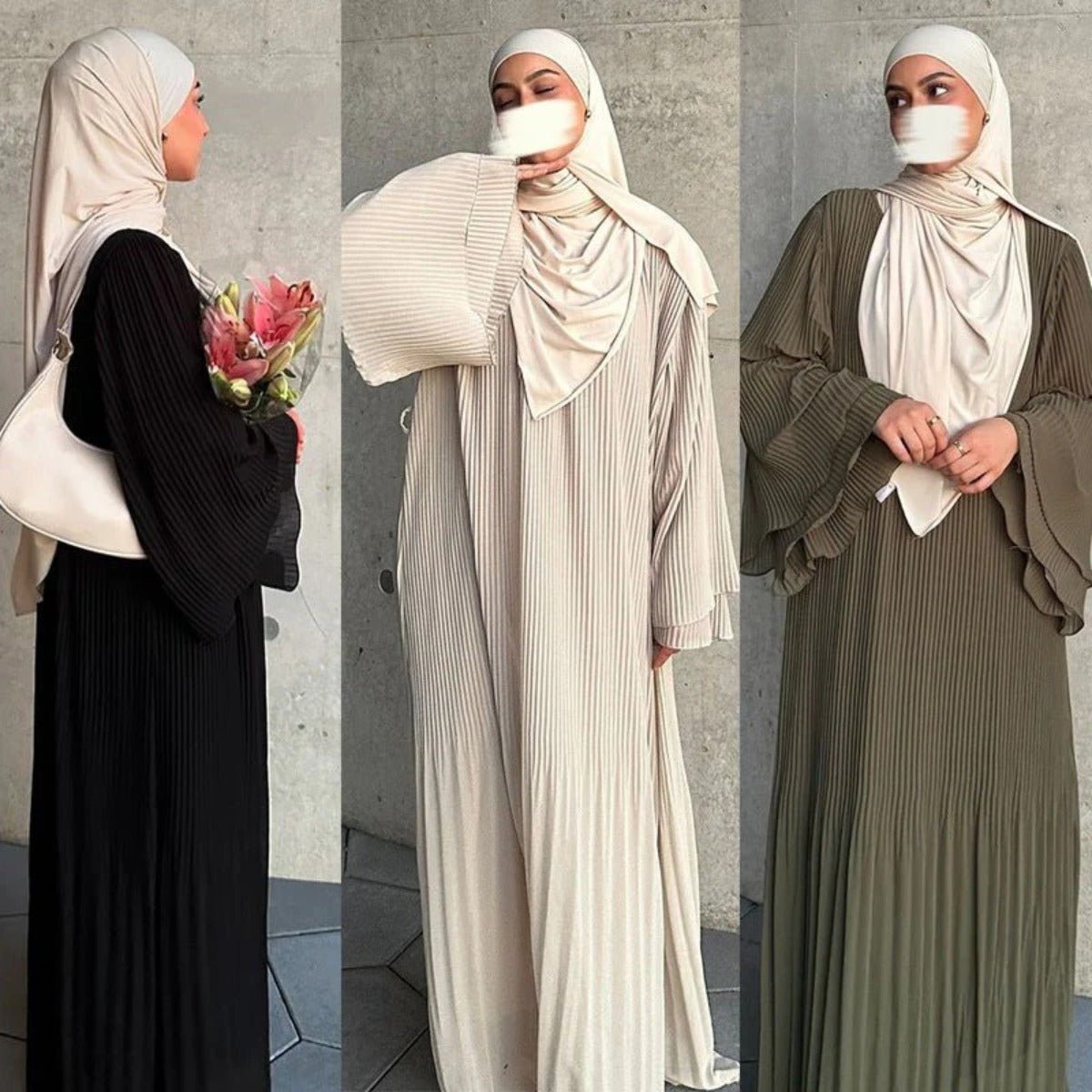 Robe Abaya élégante en mousseline plissée pour femmes musulmanes, coupe pull-over modeste, coloris uni, avec manches évasées (MA176)
