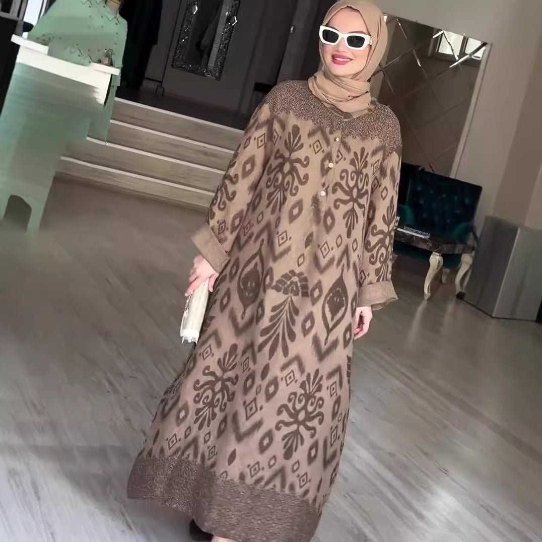 Robe Maxi Modeste à Manches Longues | Caftan Élégant à Motif Ethnique (MA379)