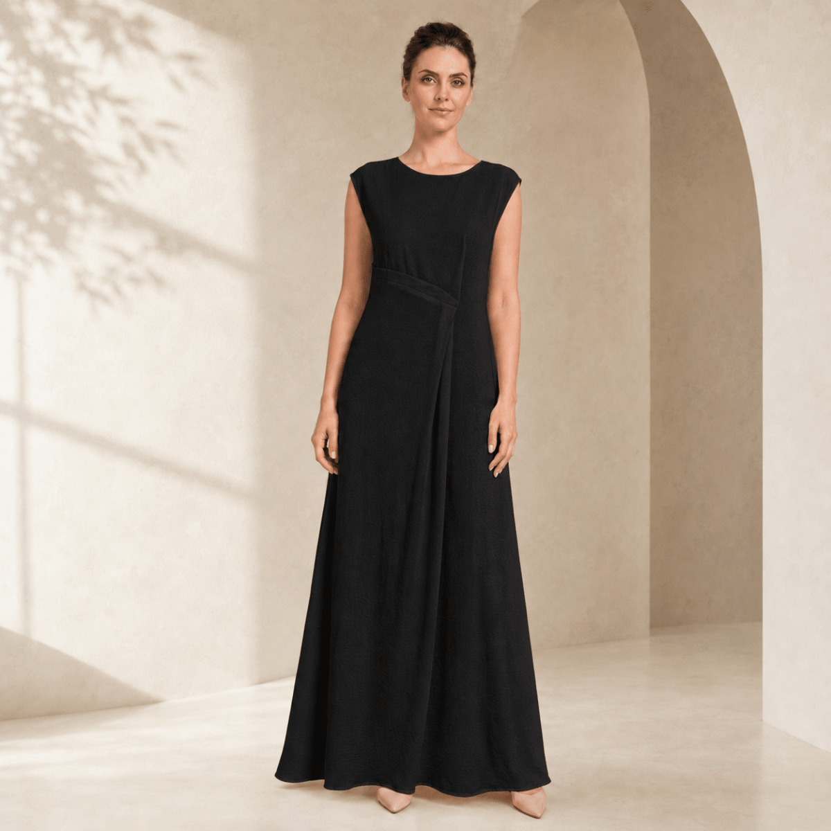 Robe Maxi sans Manches en Crêpe avec Plis à la Taille et Fermeture Éclair au Dos (MS436)