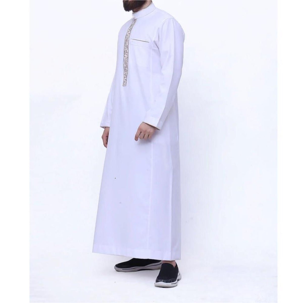 Thobe long homme premium à imprimé géométrique islamique doré, col mao et poche latérale (MT028)