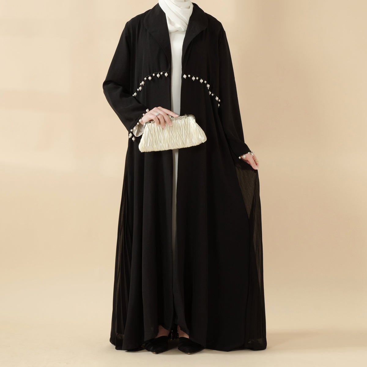 Abaya Ouverte Dos Plissé Accordéon Perlée (MOA127)