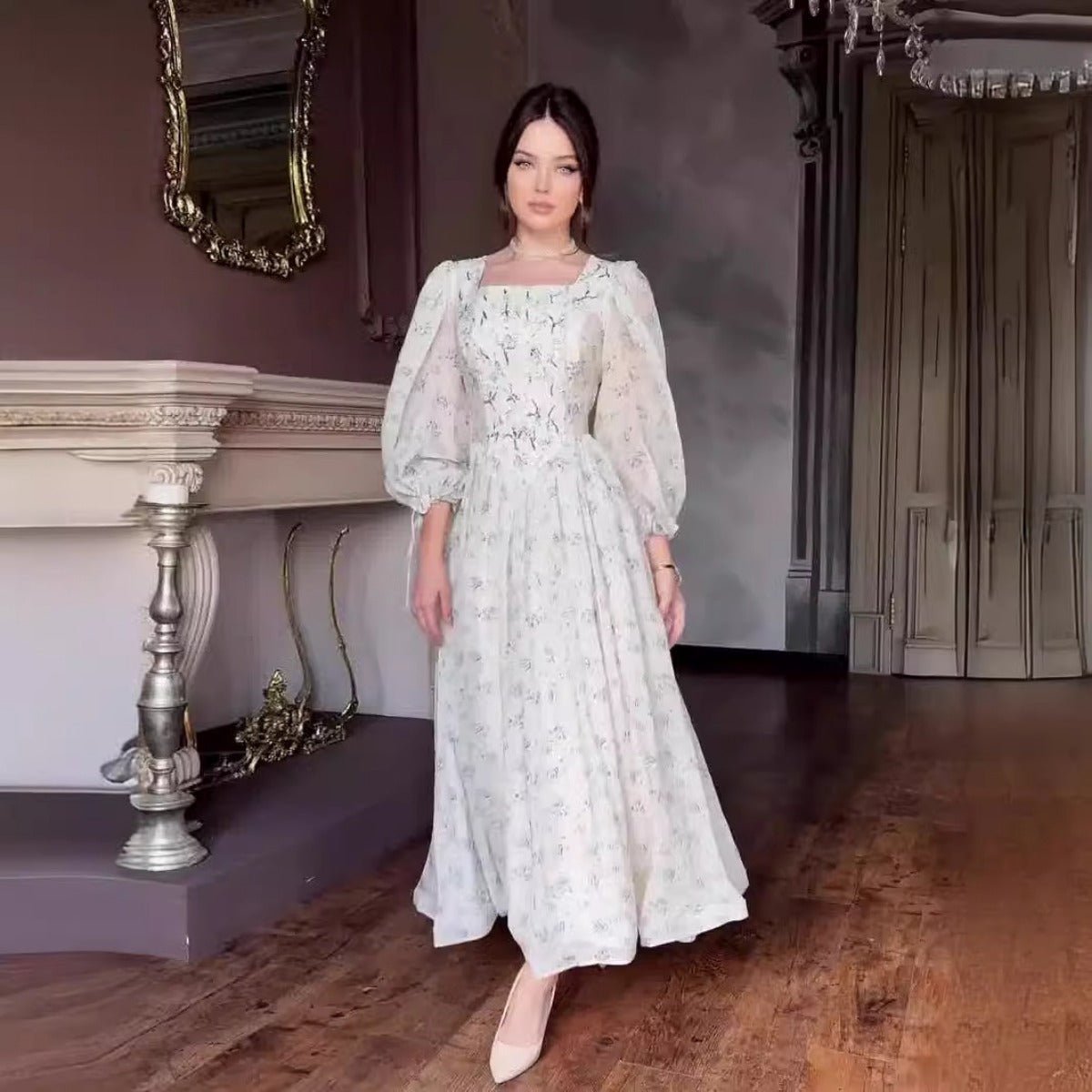 Robe Abaya Fée Florale Romantique à Col Carré, Manches Bouffantes et Lacet au Dos (MA224)
