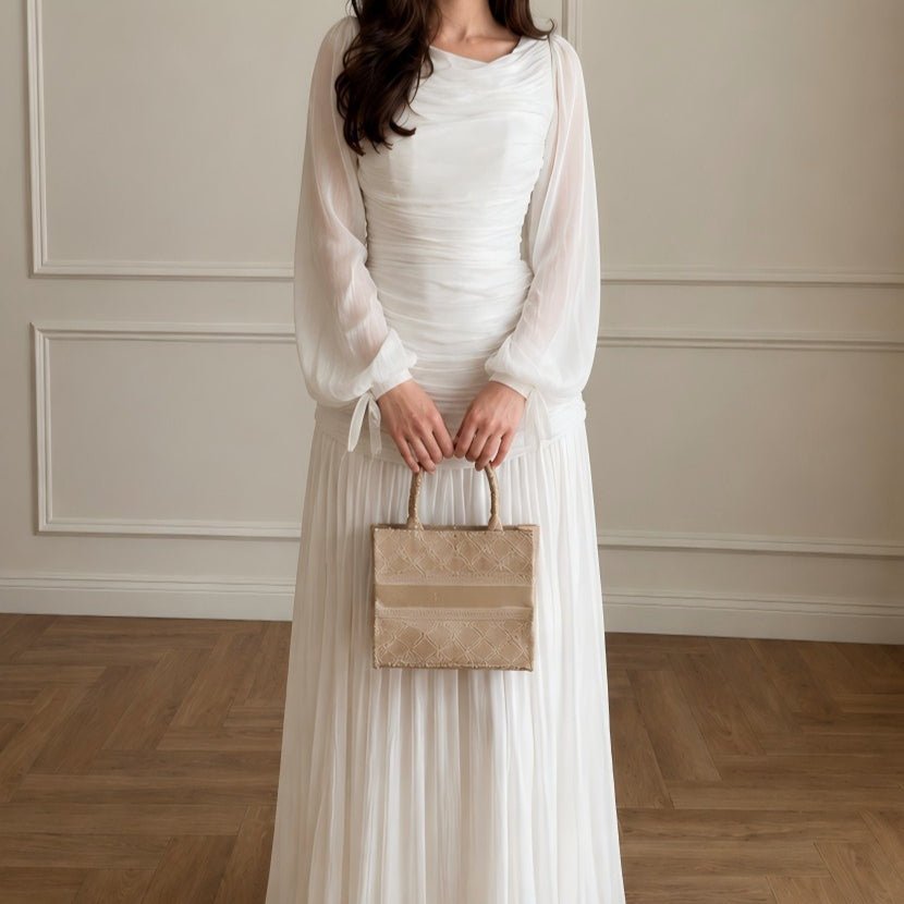 Robe Maxi Plissée Encolure Drapée Taille Froncée Manches Lanternes (MS534)