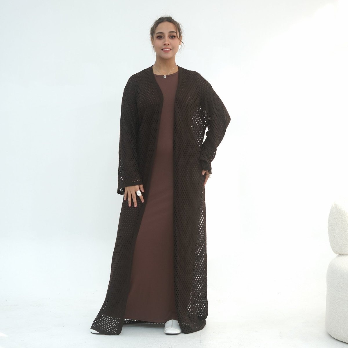 Cardigan Abaya en Maille Ajourée avec Ceinture à la Taille (MOA315)