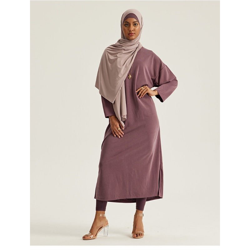 Robe Maxi à Épaules Tombantes et Col Rond - Abaya Modeste Unie avec Fentes Latérales (MA309)