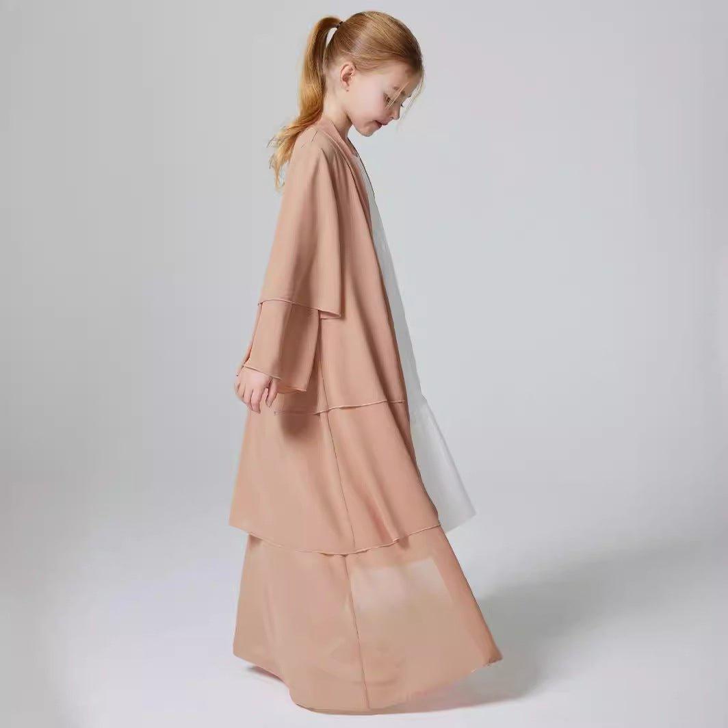 Abaya ouverte en mousseline unie 3 couches pour fillettes (MKG009)
