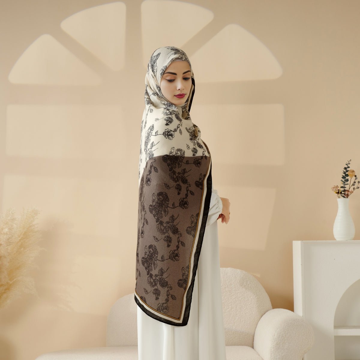MH095 Châle en coton et lin mélangés à motifs floraux naturels et géométriques color-block imprimés