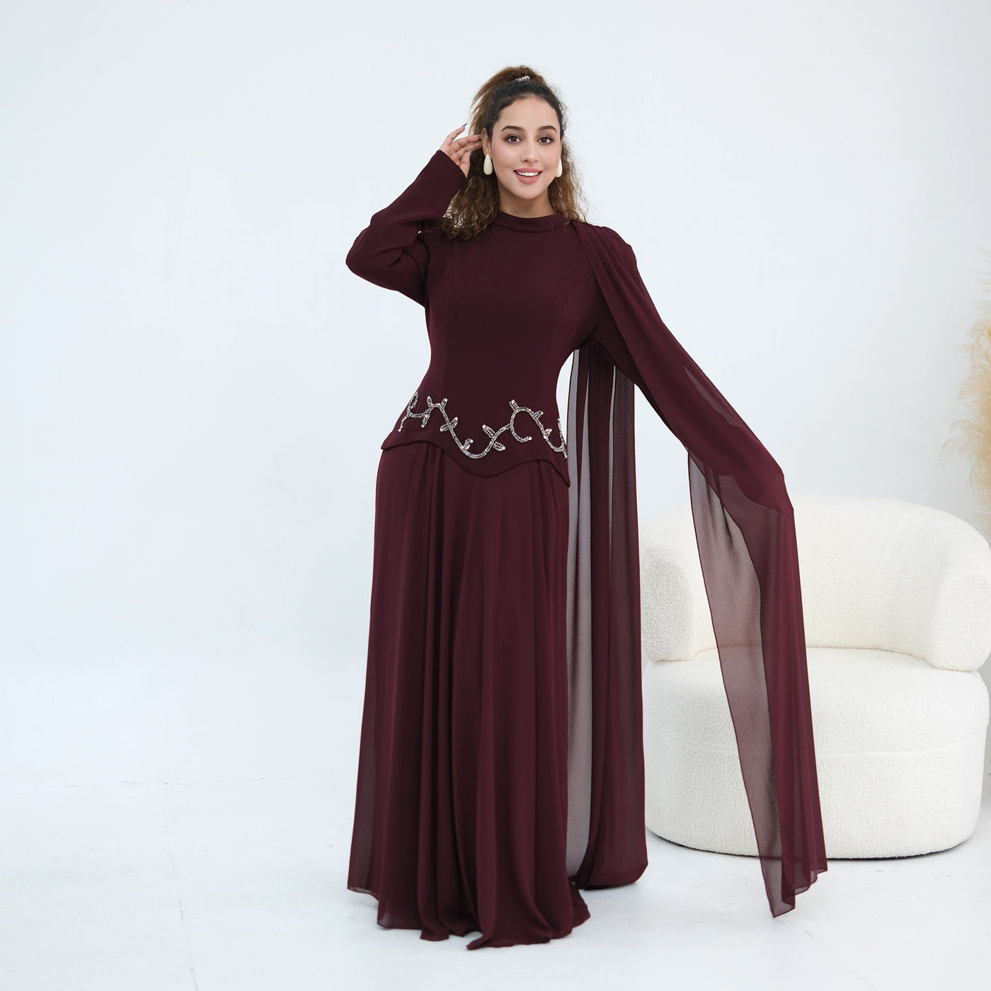 Robe Maxi Cape Sleeve à Taille Perlée(MS499)