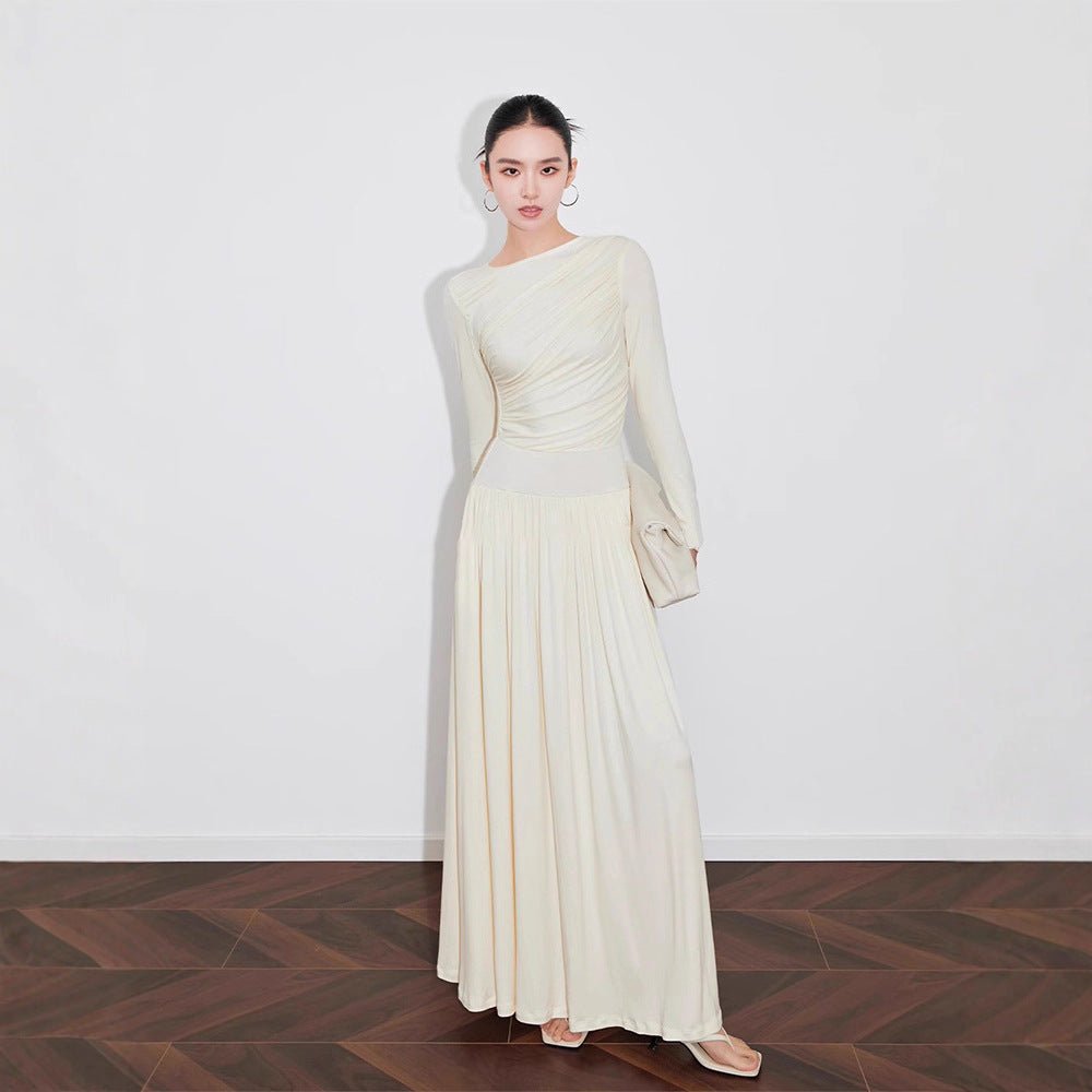 Robe en Maille Asymétrique Froncée avec Jupe Plissée (MS343)