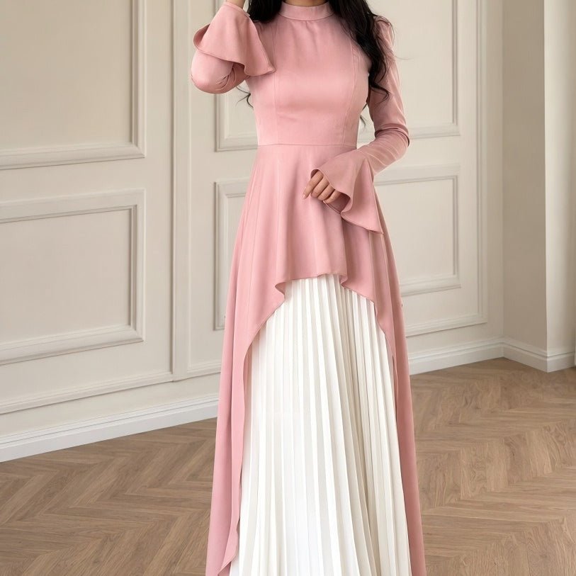 Robe Maxi Plissée Peplum Rose & Ivoire (MS512)