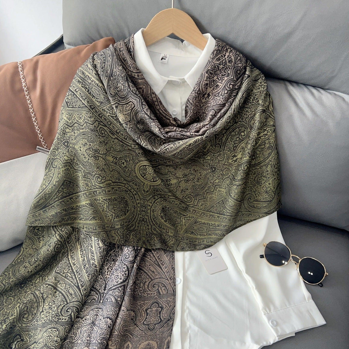 MH058 Hijab fin en coton et lin imprimé motif noix de cajou