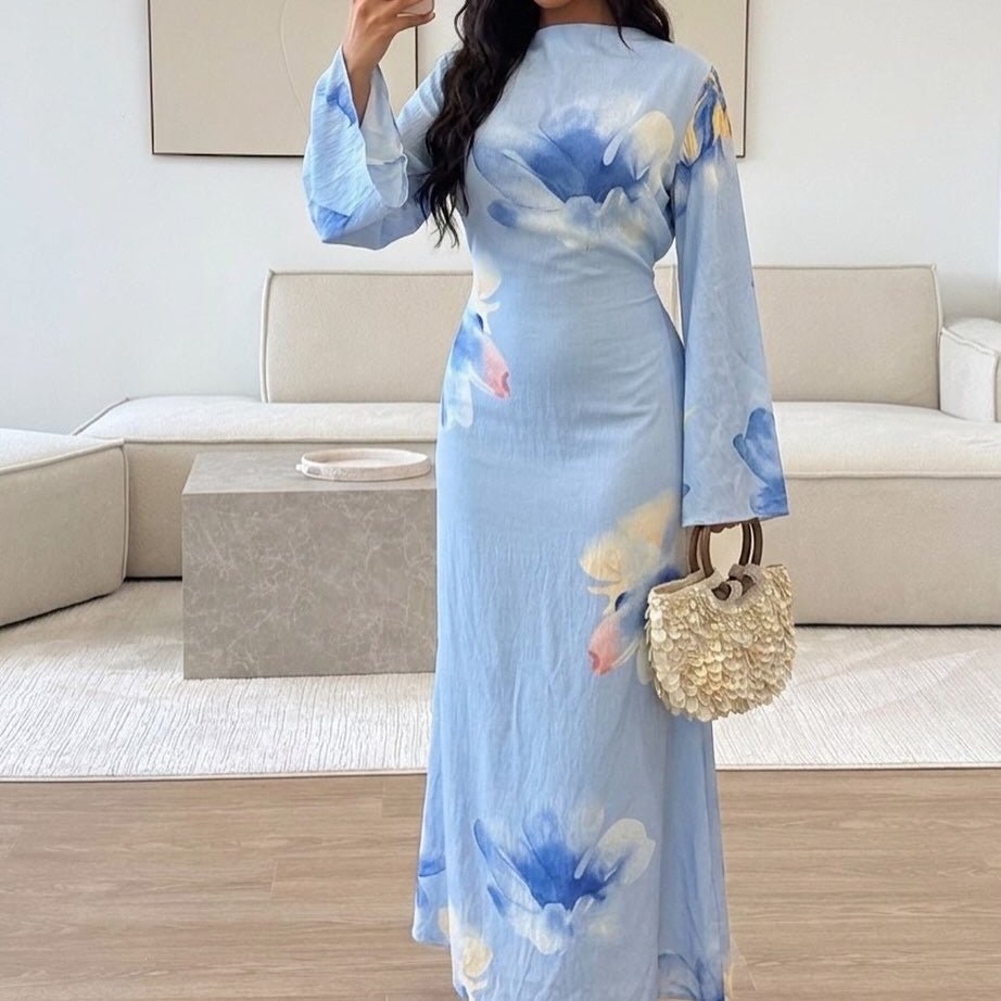 Robe Maxi à Manches Larges en Crinkle Délavé Floral Aquarelle (MS473)