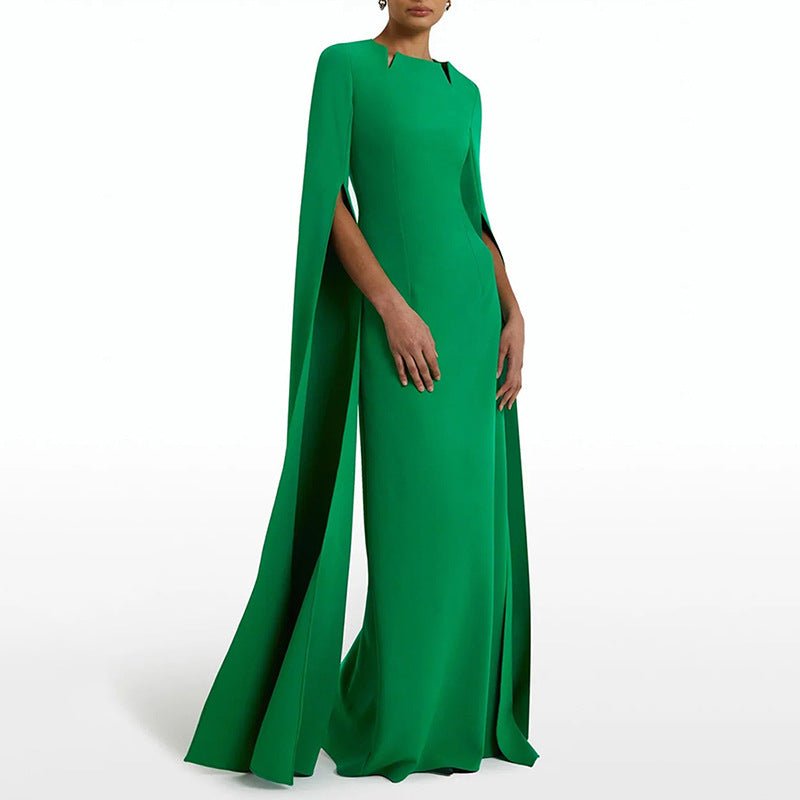 Robe de Soirée à Manches Cape | Robe Longue Ajustée à Encolure Festonnée avec Fente Dos (MS217)