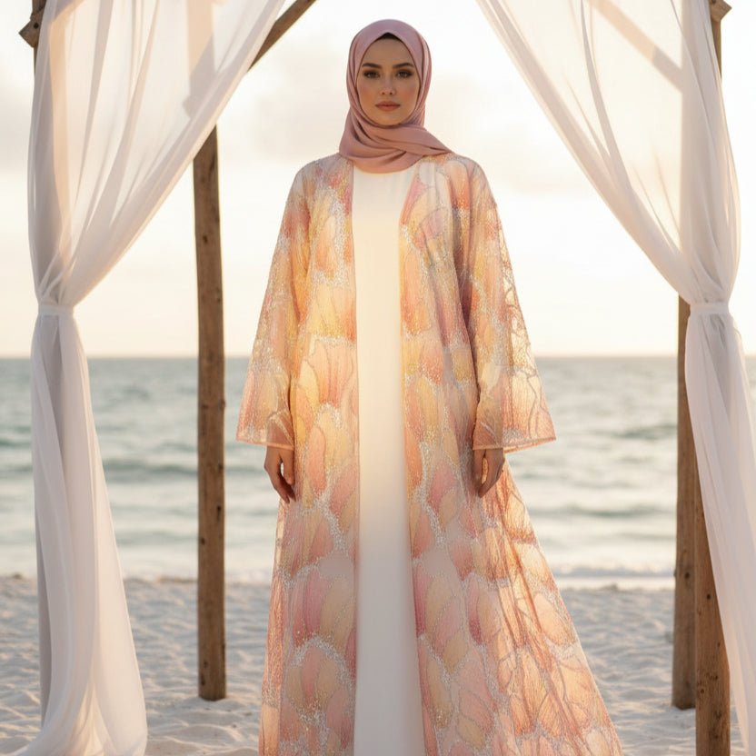 Abaya Ouverte Brodée Main Petal Glow — Collection Secret Garden (MOA295)