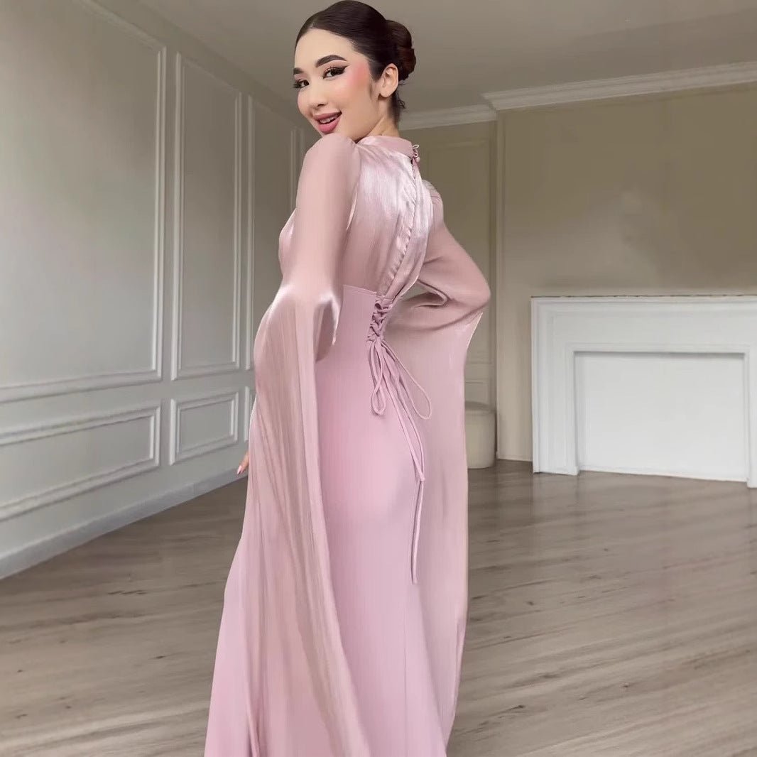 Robe en satin avec dos corset et manches cape (MS344)