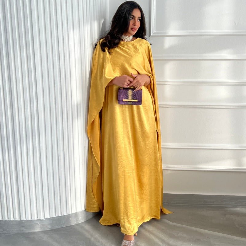 Robe Abaya en Satin Élégante Bleu Royal | Robe Maxi Pudique à Manches Cape avec Drapé Luxueux (MA289)