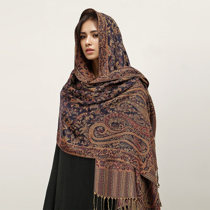 Hijab Vintage Shawl à Motif Fleur de Cajou avec Pompons (MH101)