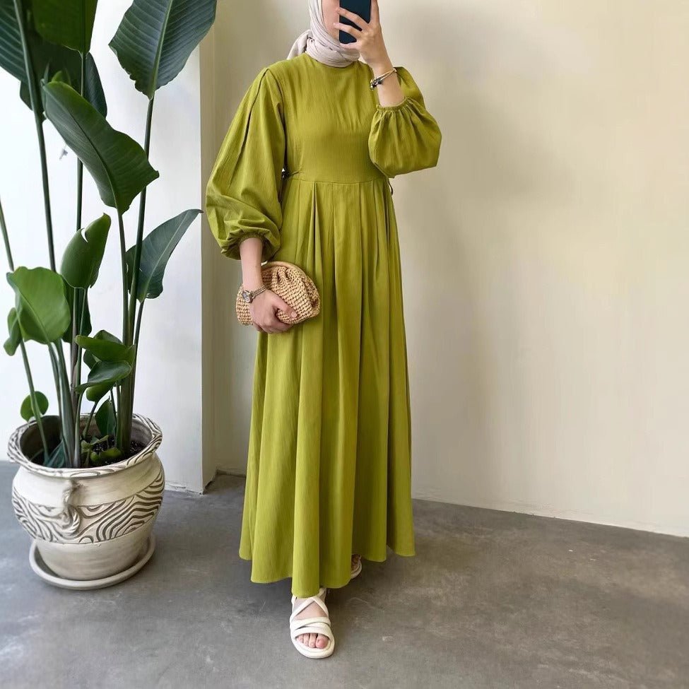 Abaya à manches bouffantes et taille nouée | Robe maxi plissée avec fermeture éclair au dos (MA364)