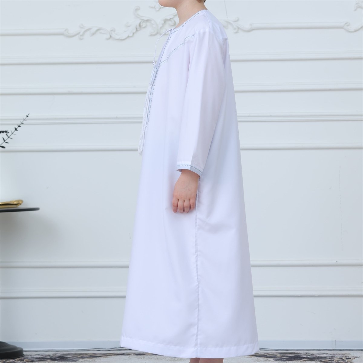 Qamis Kaftan Blanc à Surpiqûres Contrastées (MKB025)