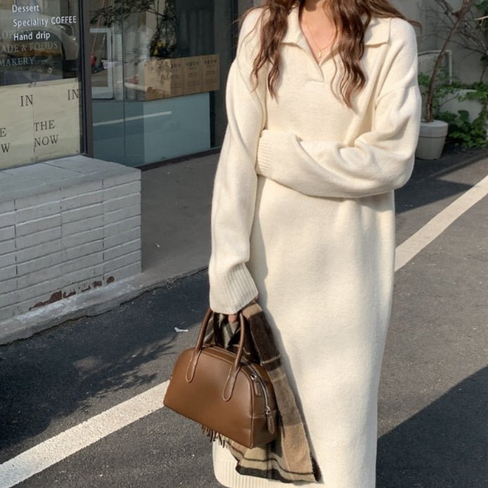 Robe Maxi en Tricot Col Polo Style Décontracté | Robe Base Pull Épais (MS157)