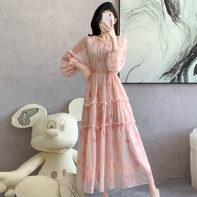 Robe Maxi en Mousseline Imprimée Aquarelle | Robe Étagée à Manches Longues (MS270)