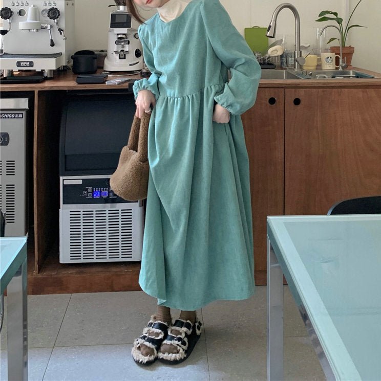 Robe Maxi en Velours Côtelé Français à Manches Lanterne | Robe Froncée à Poignets Élastiques (MS206)