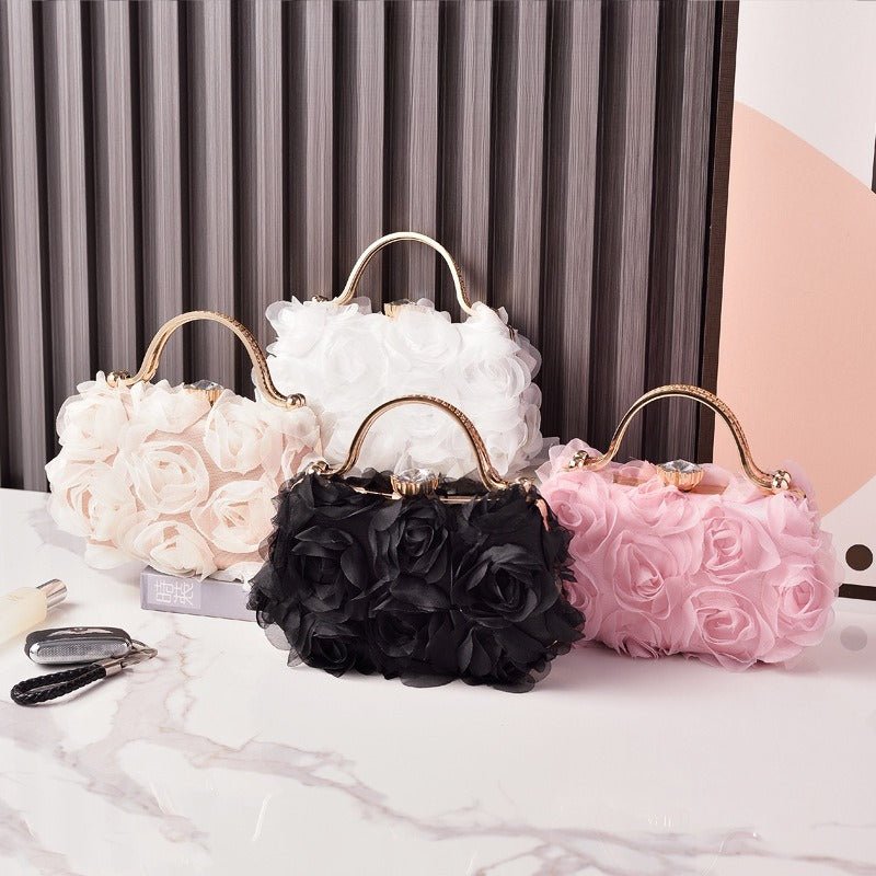 Pochette de soirée fleur rose | Sac de mariage avec poignée métallique (MAC357)