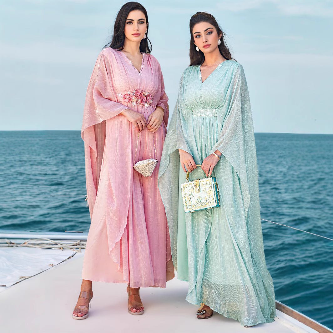 Élégante Abaya Robe pour Voyage et Soirée, Col en V, Perles Brodées à la Main, Finition Luxueuse (MA188)