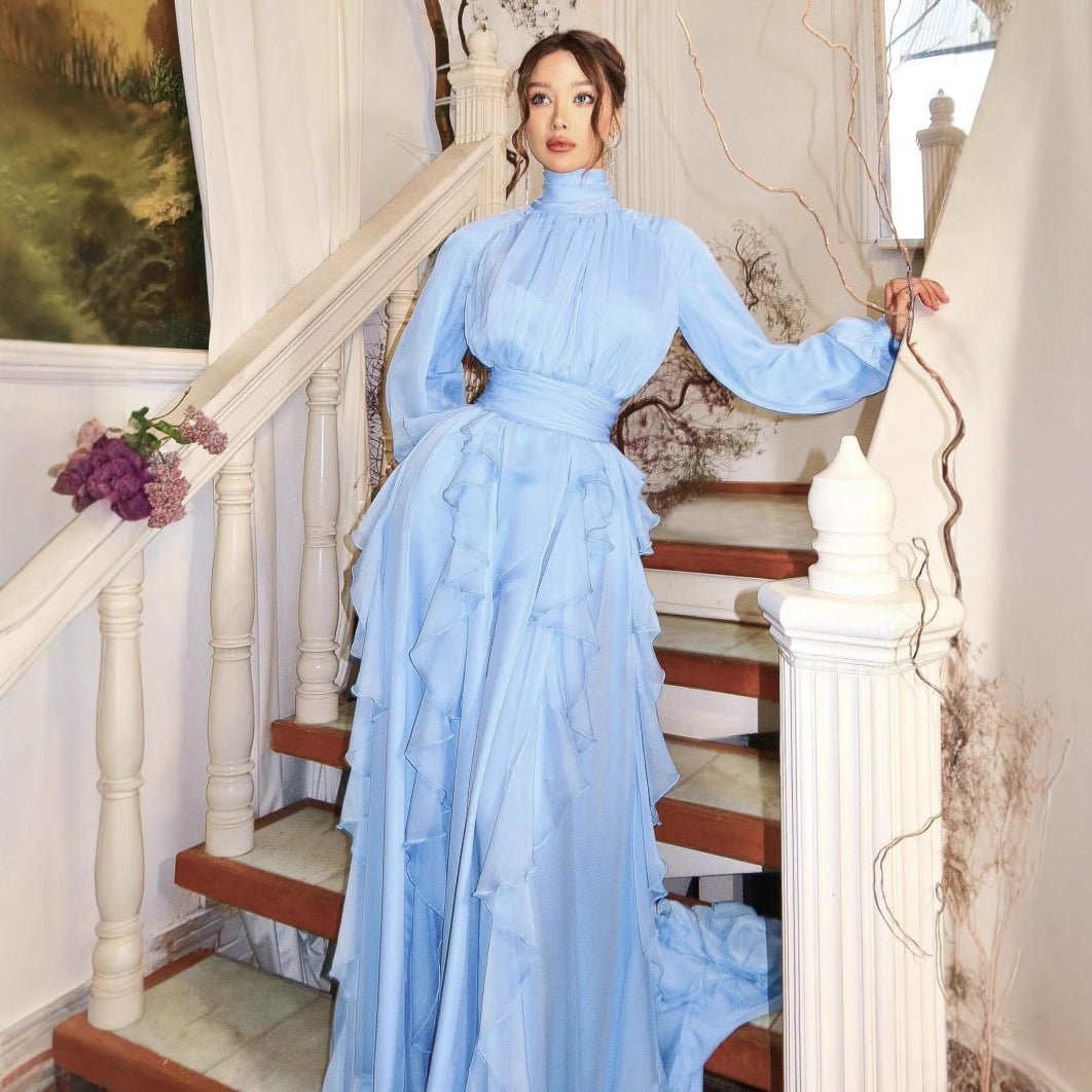 Robe de soirée en mousseline à volants étagés | Robe maxi col haut avec nœuds sur les manches (MA349)