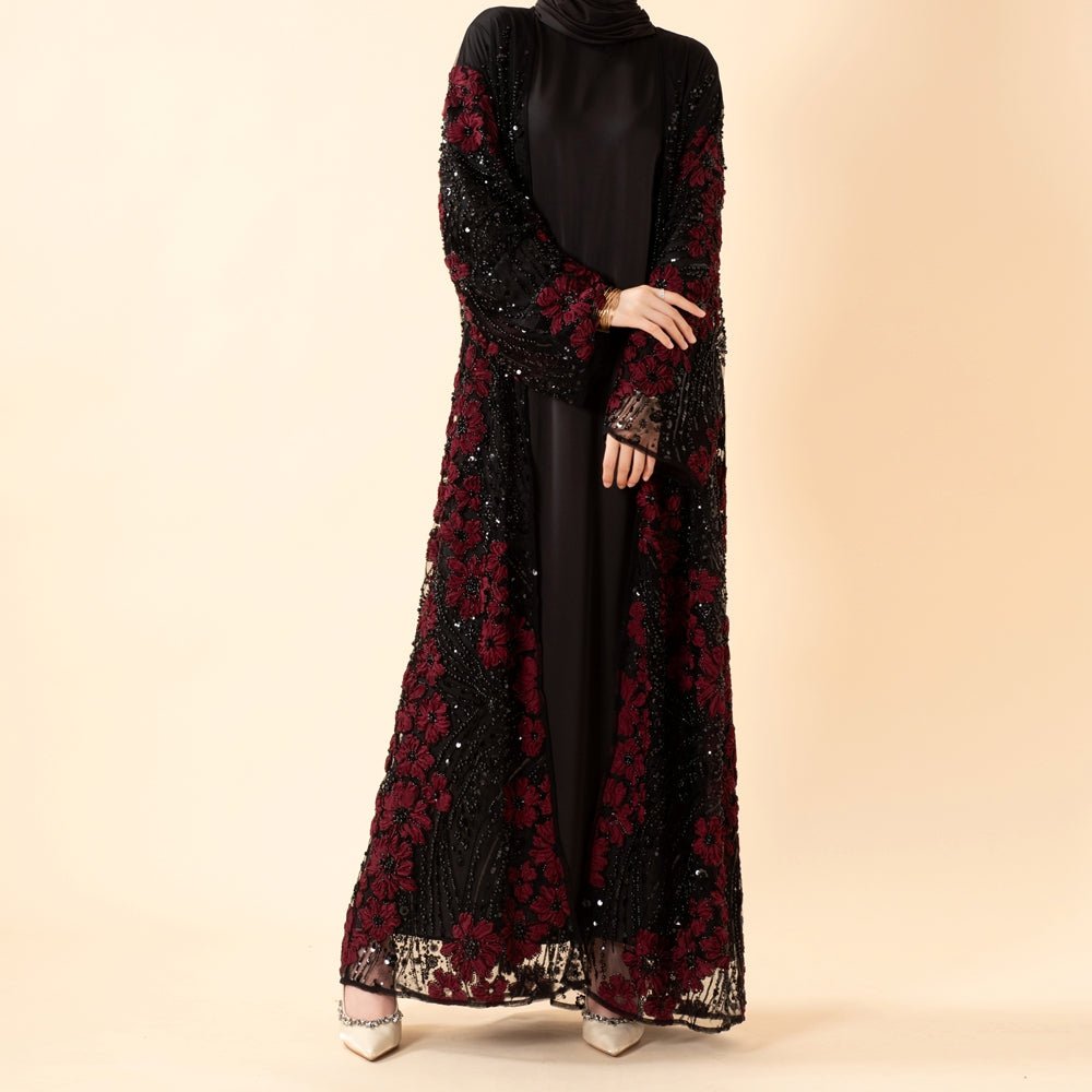 Abaya ouverte de luxe à fleurs 3D perlée paillettée brodée pour Aïd et mariage (MOA307)