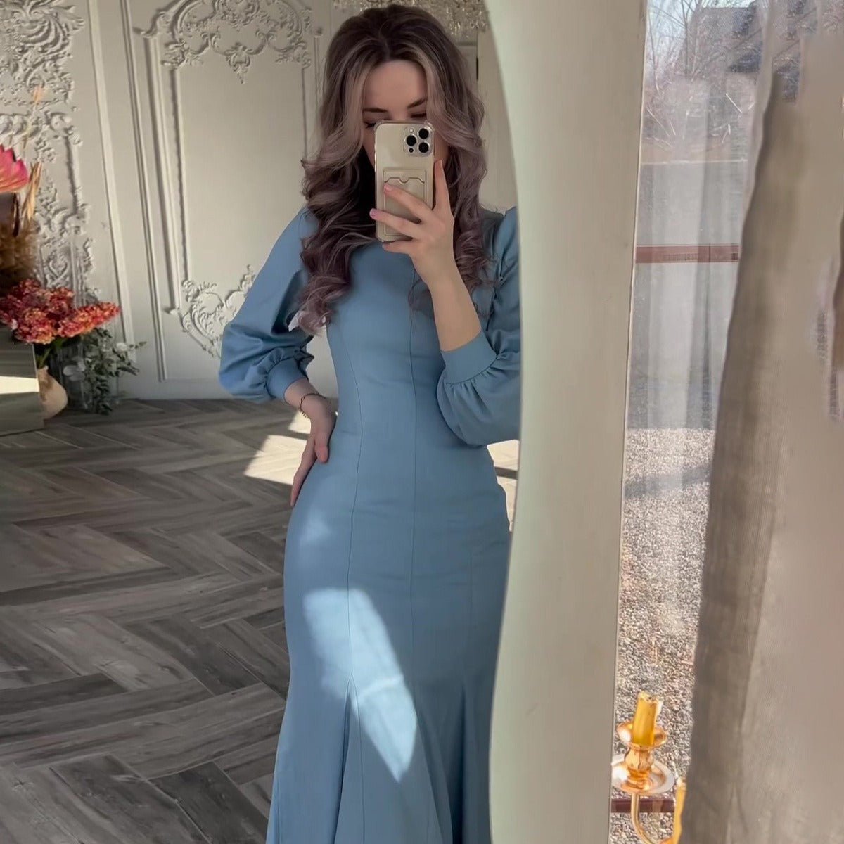 Robe Abaya Sirène en Mousseline Bleue à Manches Longues, Style Cour Élégant Printanier (MA222)