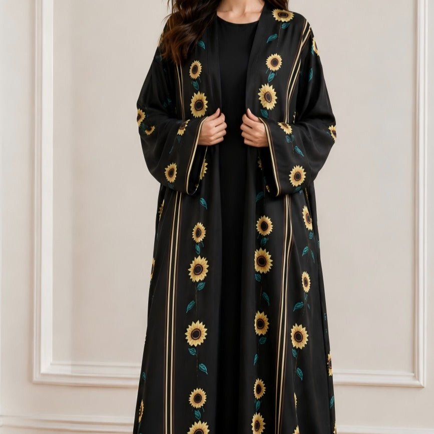 Abaya ouverte imprimé tournesol avec liseré doré (MOA338)