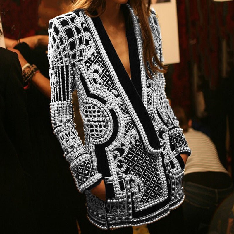Blazer Vintage Orné de Perles et Perles de Rocaille | Veste de Luxe à Imprimé Géométrique (MS218)