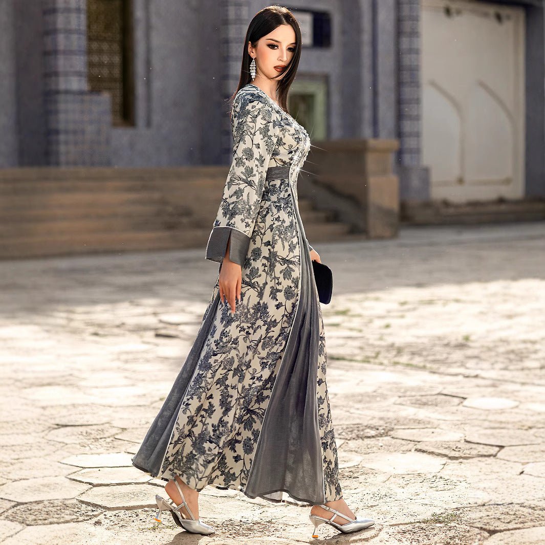 Robe Maxi élégante à col en V, en satin, avec fleurs brodées à la main de perles et de cristaux, manches longues, avec Abaya grise (MA192)