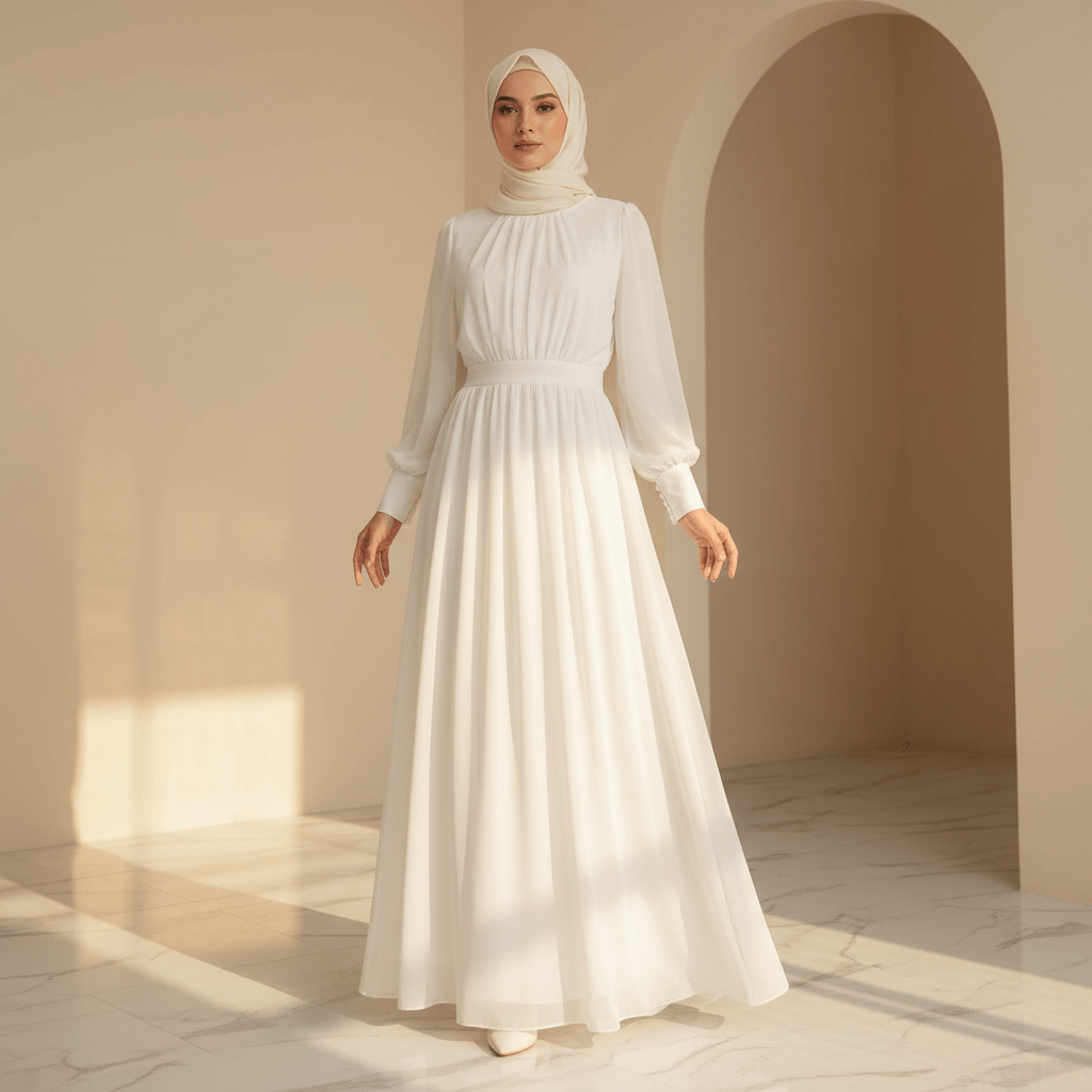 Abaya Robe Princesse en Mousseline Blanche à Manches Lanternes | Élégante Abaya Style Cour Française Fée du Printemps (MA180)