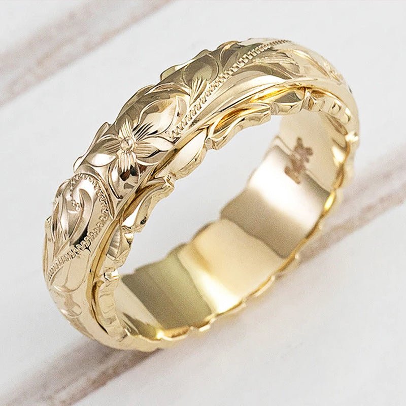 Bague en or jaune 14 carats gravée avec rose flottante (MAC195)