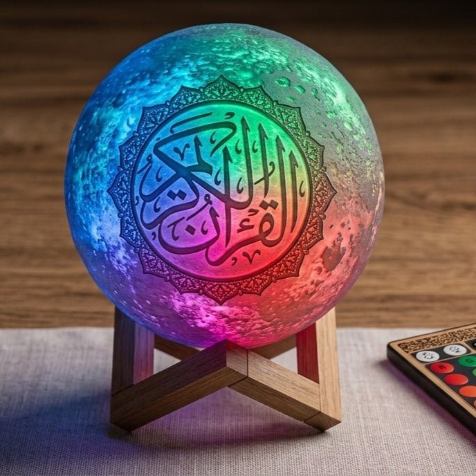Lampe Lune Coran Imprimée 3D avec Enceinte Bluetooth - Veilleuse RGB 16 Couleurs avec Commande Tactile et Télécommande avec Socle en Bois (MAC481)