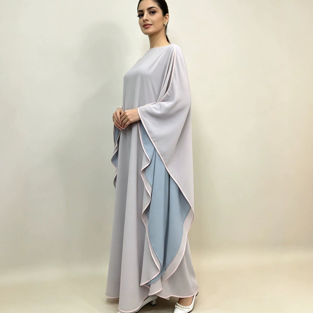 Robe Abaya Maxi à Manches Chauve-Souris Doubles Bicolore (MA467)