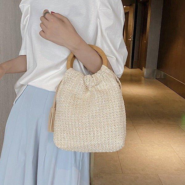 MAC132 Sac seau de plage en paille tendance, simple, avec pompon
