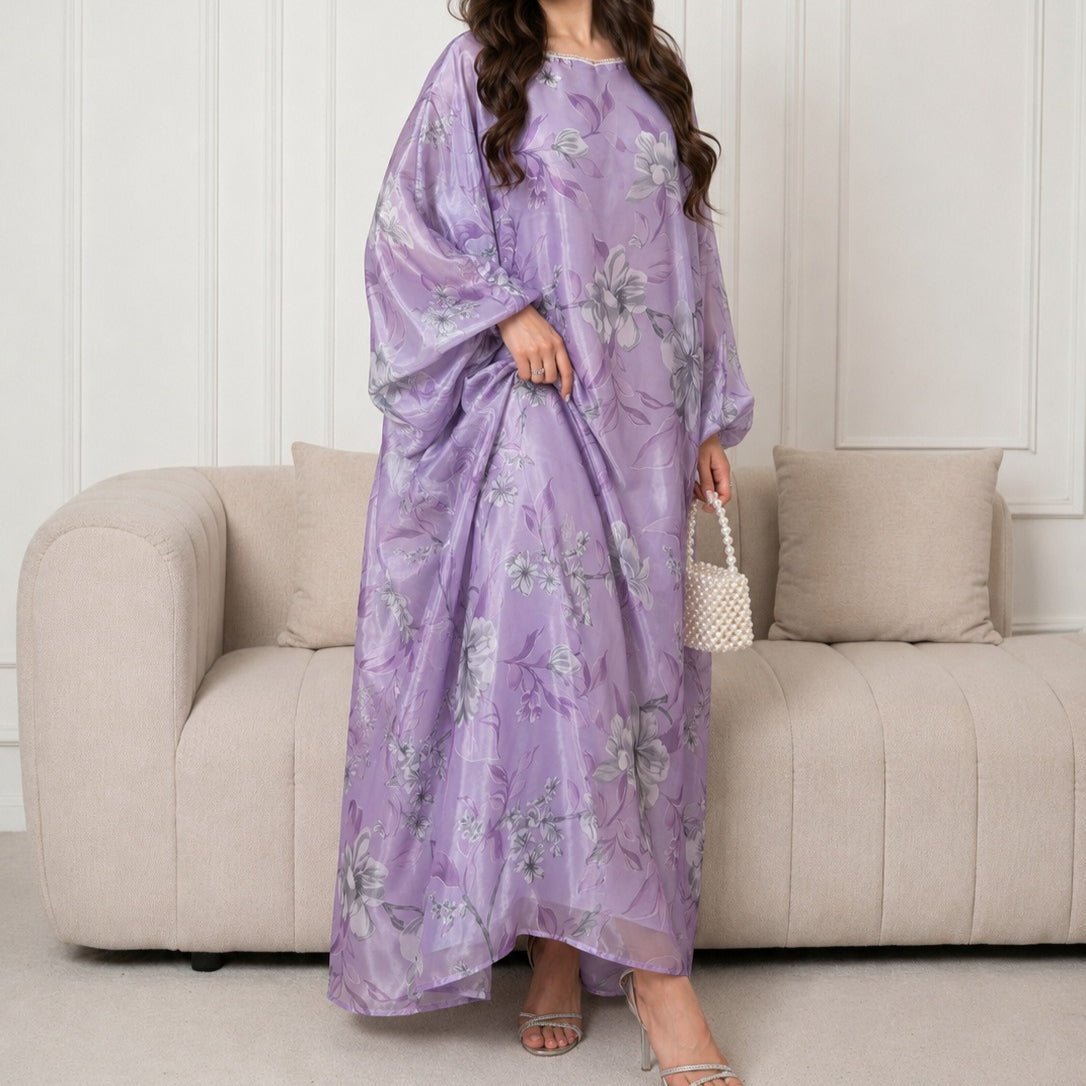 Robe Maxi Effet Organza Imprimé Floral avec Encolure Carrée Perlée (MA457)