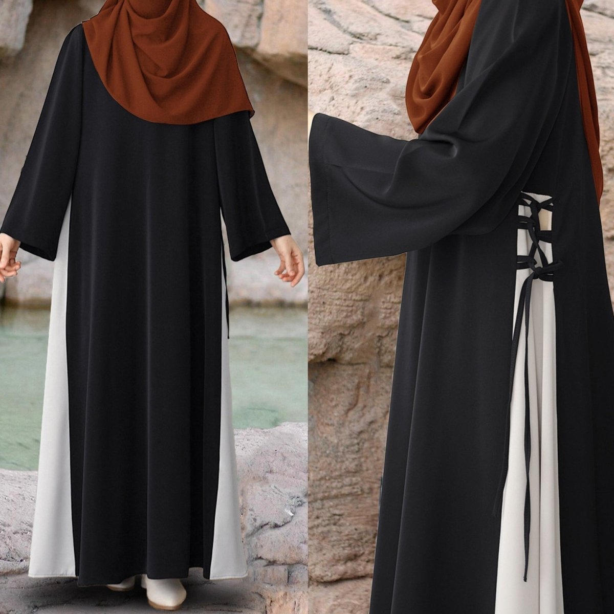Abaya bicolore avec nœud sur le côté | Abaya maxi bicolore à col rond (MA362)