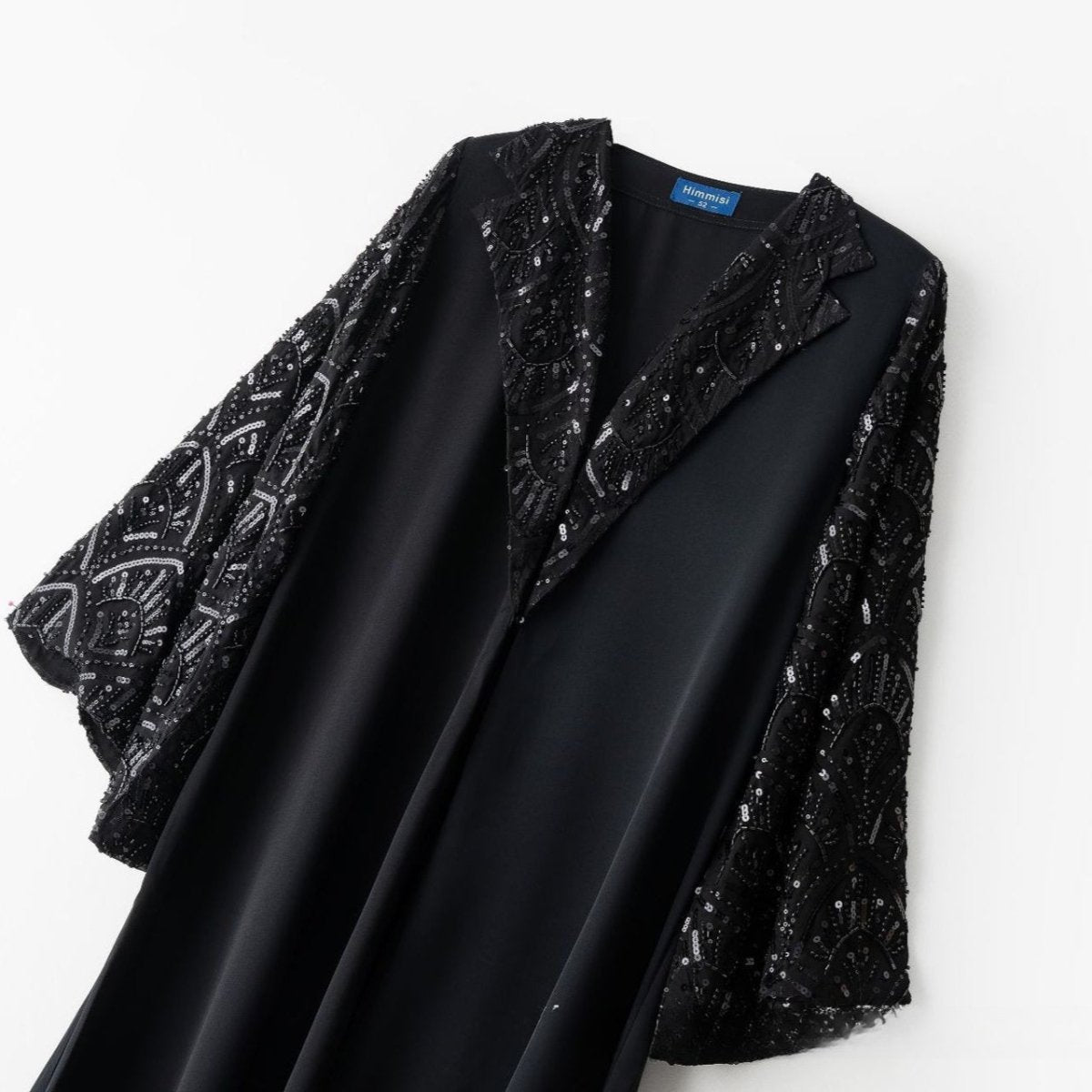 Abaya ouverte avec manches brodées de sequins et perles noires (MOA339)