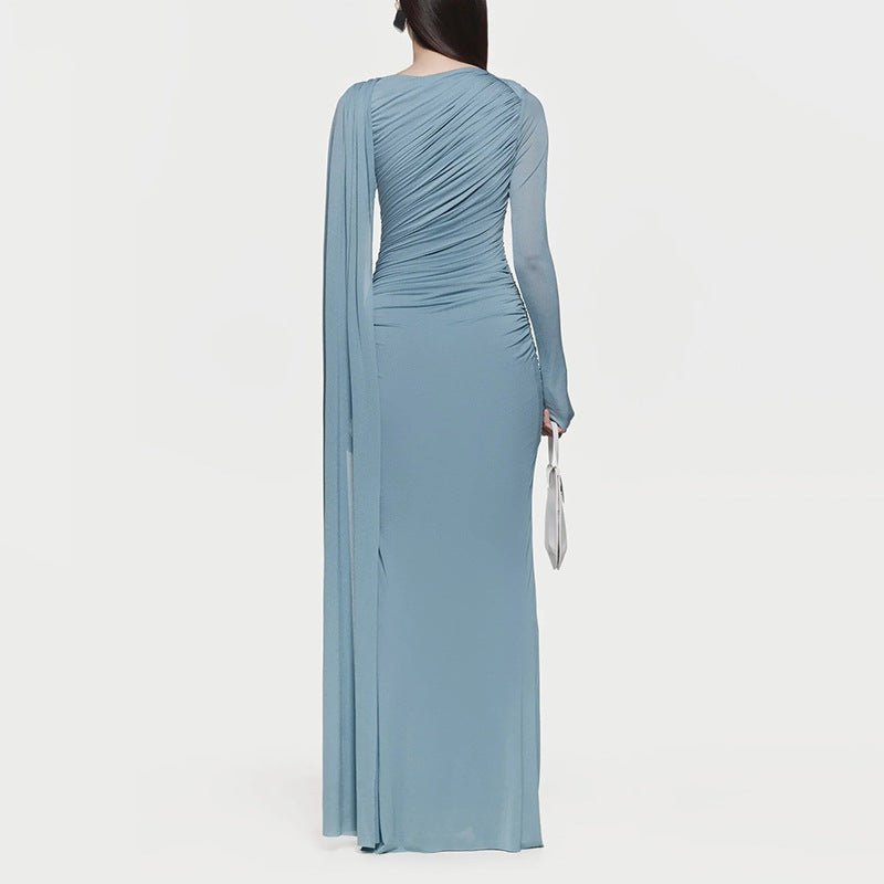 Robe Longue Cape Drapée en Diagonale | Robe Maxi Asymétrique à Manches Longues Drapées (MS222)