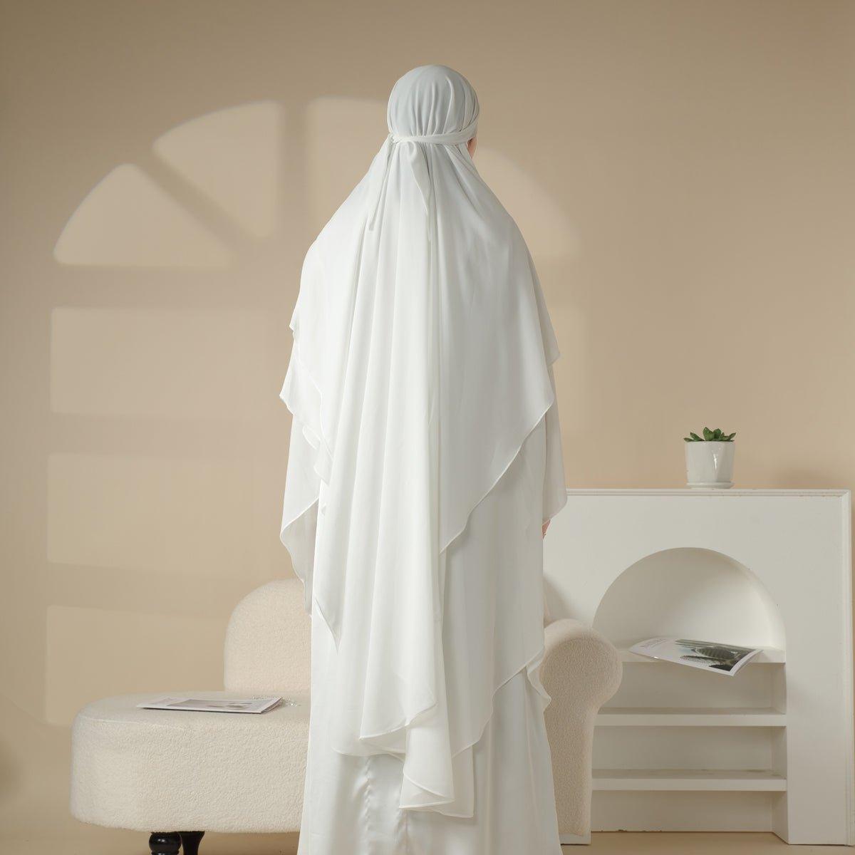 MK018 Khimar Long en Mousseline à Double Couches, Devant et Dos