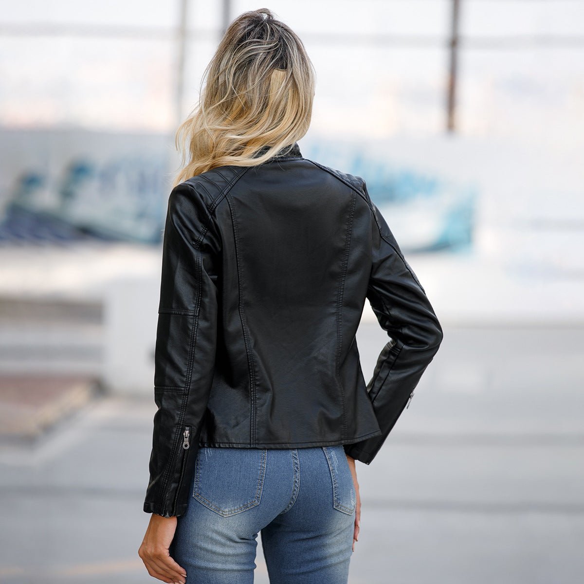 Veste Motard Ajustée | Blouson Motard en Cuir Synthétique à Col Montant (MS246)